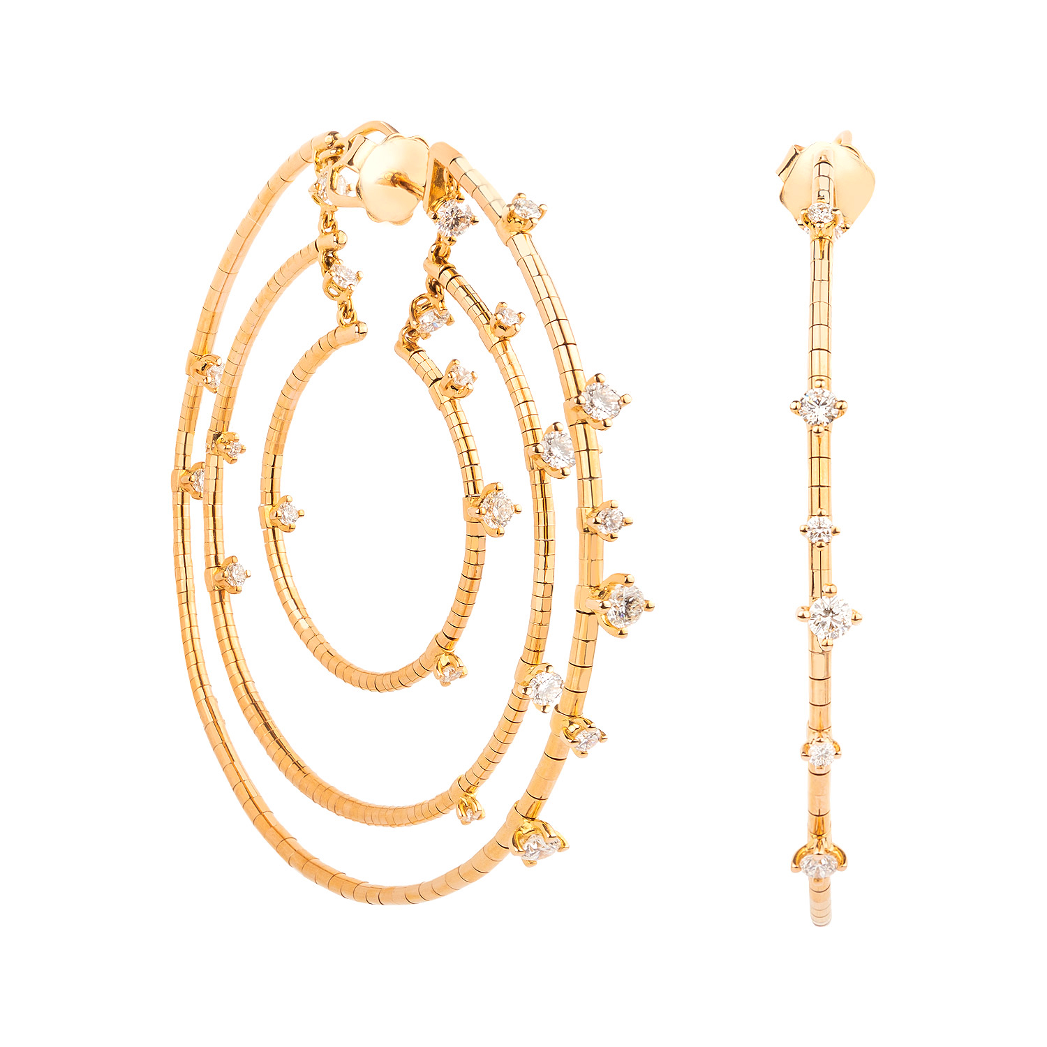 Pendientes de oro rosa con tres aros concéntricos y brillantes blancos