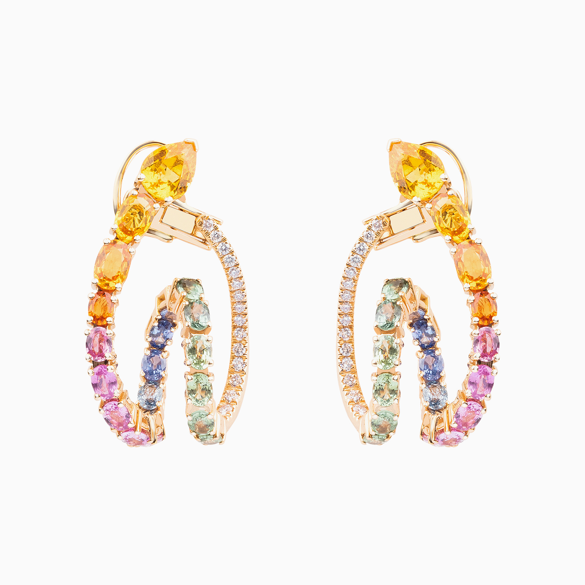 Pendientes con forma de serpiente RABAT Rainbow de oro rosa con zafiros multicolor y diamantes