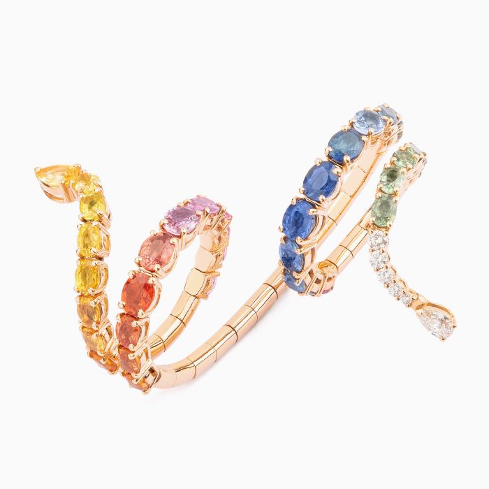 Anillo doble en espiral RABAT Rainbow de oro rosa con zafiros multicolor y diamantes