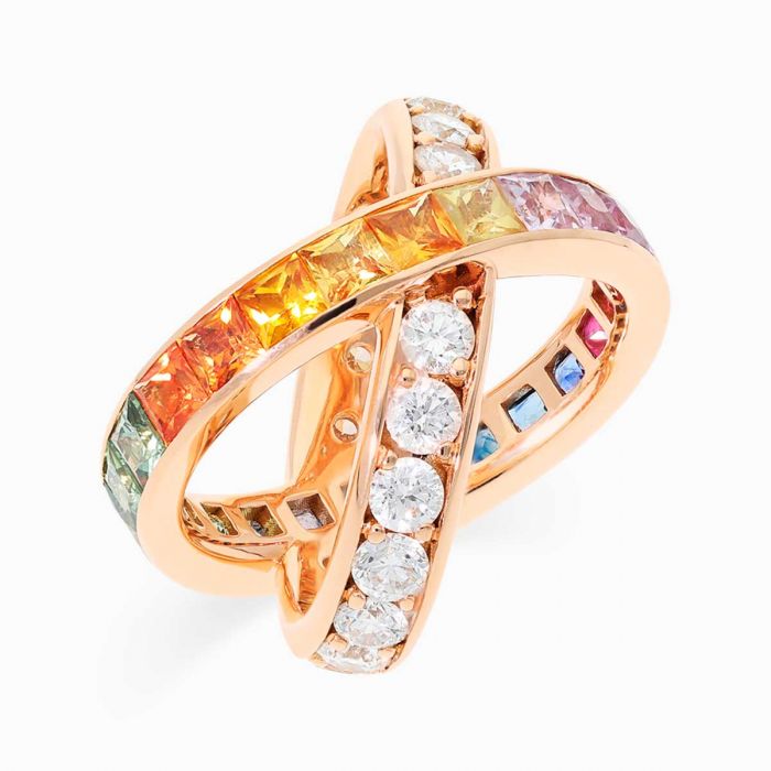 ANILLO CRUZADO DE ORO ROSA CON ZAFIROS MULTICOLOR Y DIAMANTES