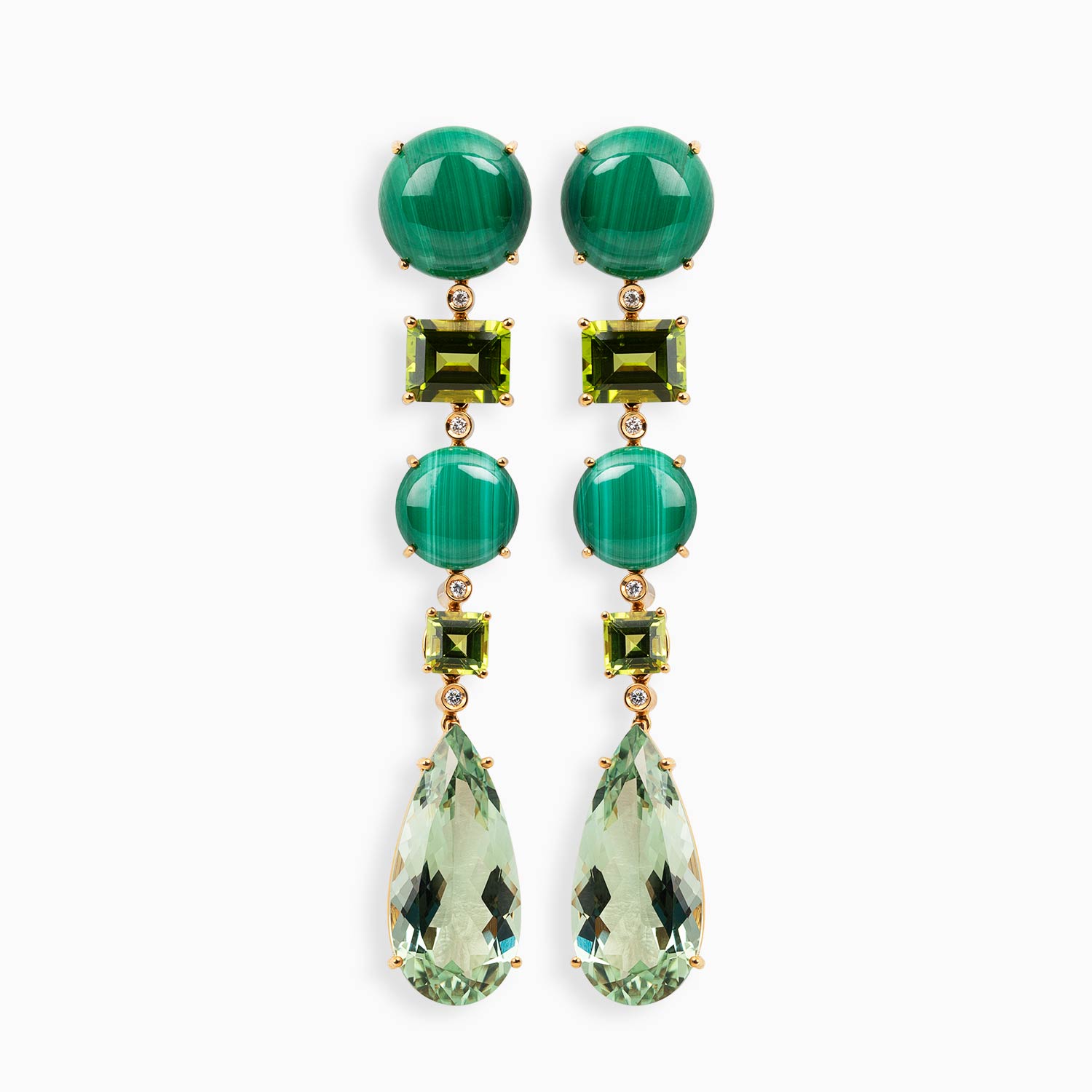 Pendientes RABAT 70's de oro rosa con malaquitas, peridotos, prasiolitas y diamantes