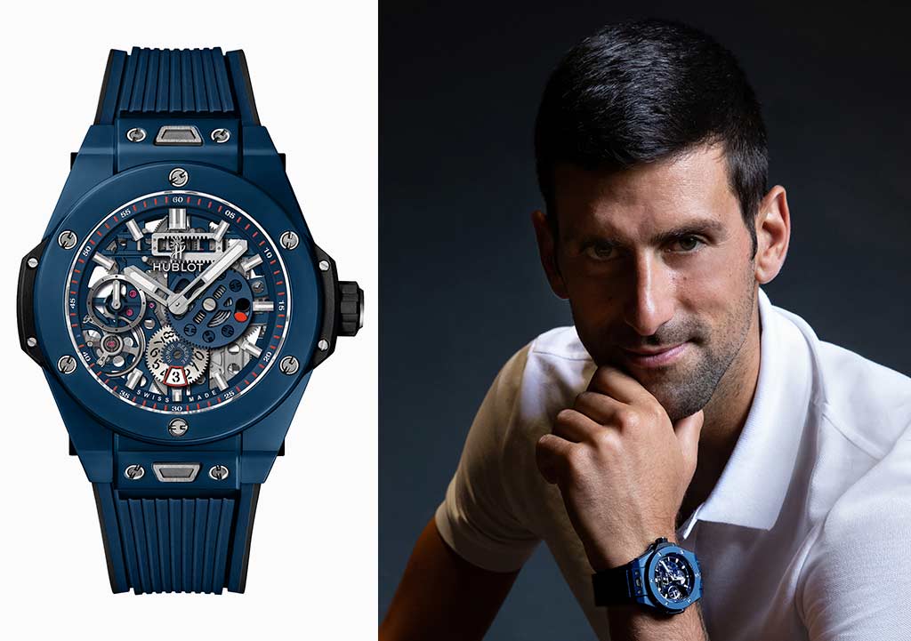 Novak Djokovic posando con el reloj Hublot Big Bang Meca-10 Blue Ceramic