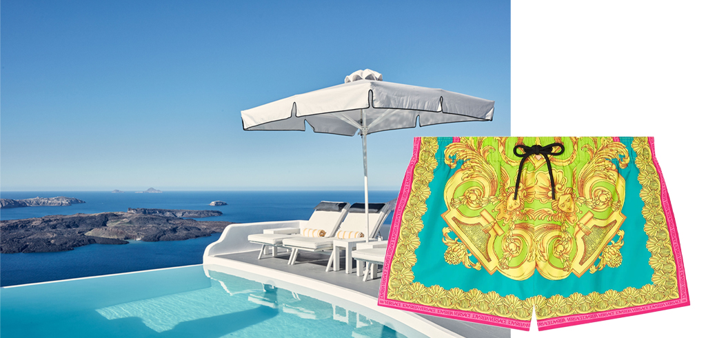 Hotel Katikies Chromata y bañador hombre Versace