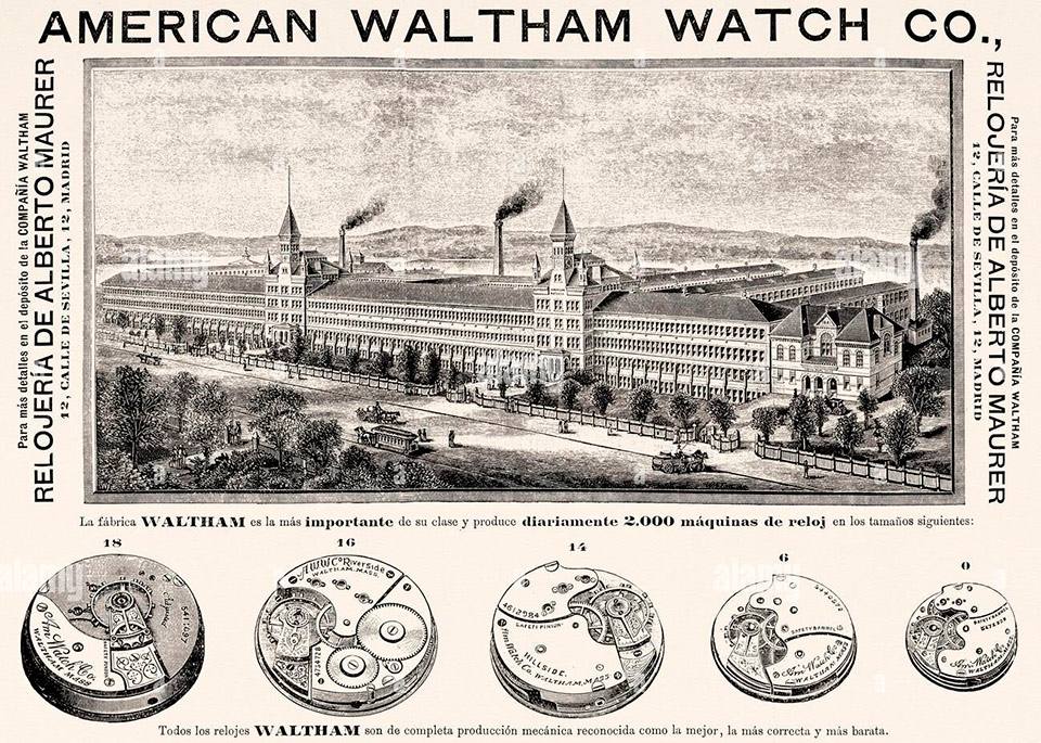 Cártel publicitario de la producción en cadena de la American Waltham Watch Co.