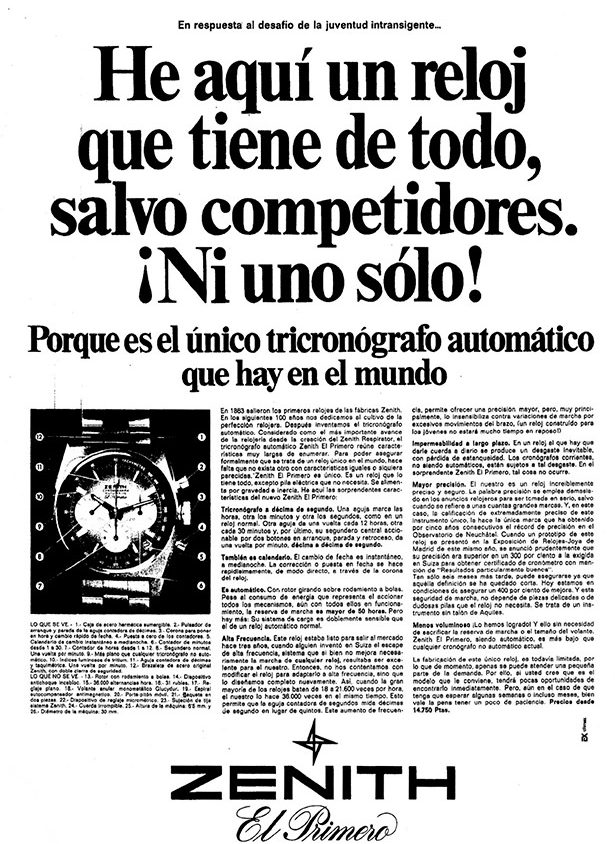 Publicidad sobre El Primero, el primero cronógrafo automático