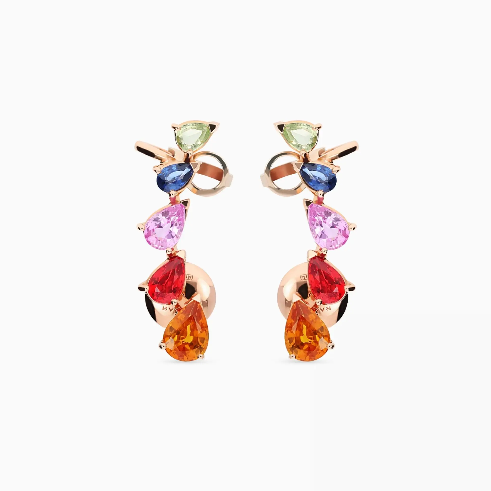 Earcuffs de oro rosa con zafiros multicolor talla pera