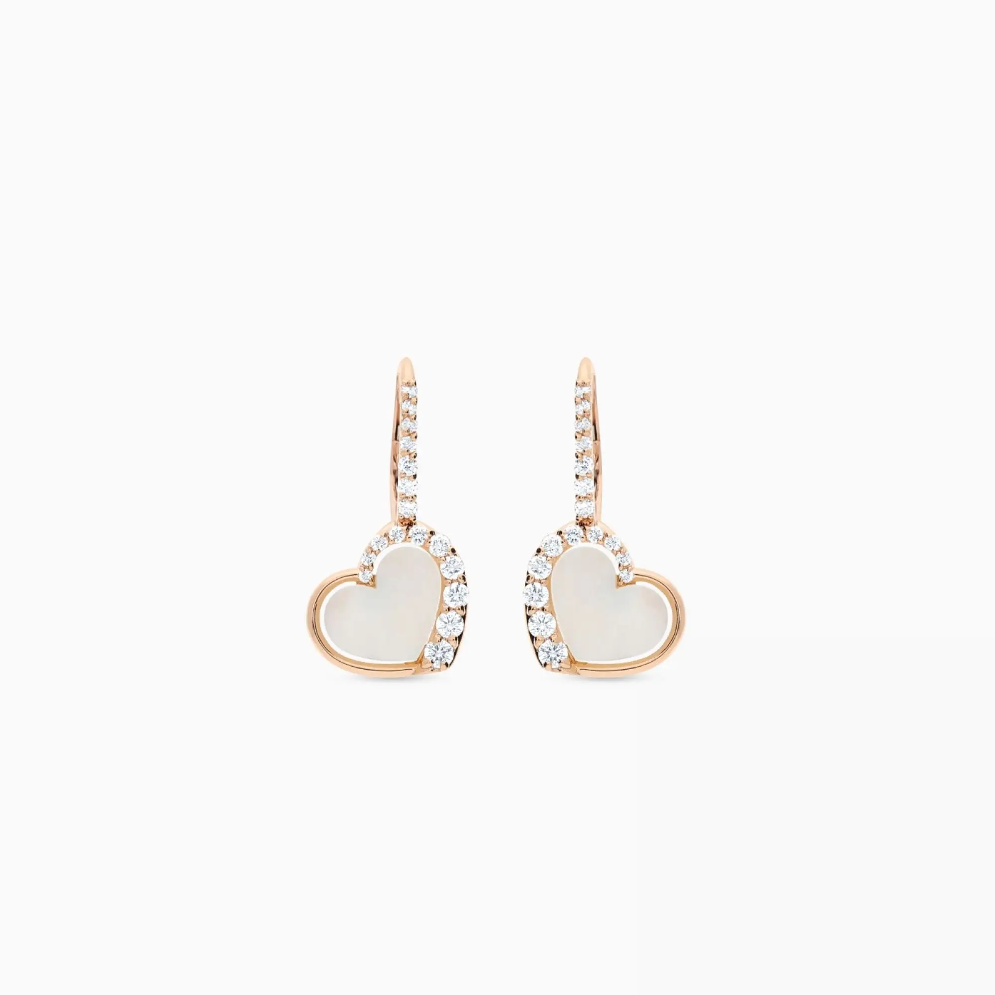 Pendientes con forma de corazón de oro rosa con nácar y diamantes
