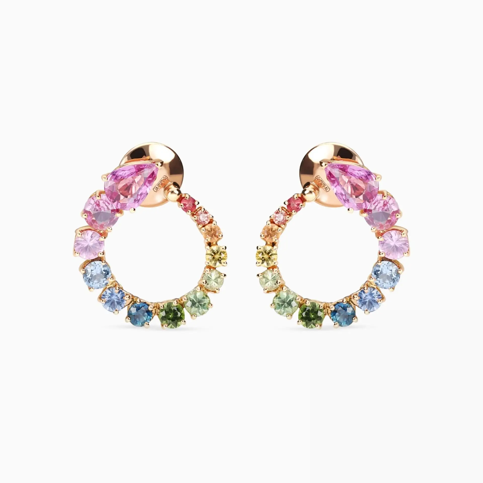 Pendientes de aro de oro rosa con zafiros multicolor y zafiros rosas talla pera