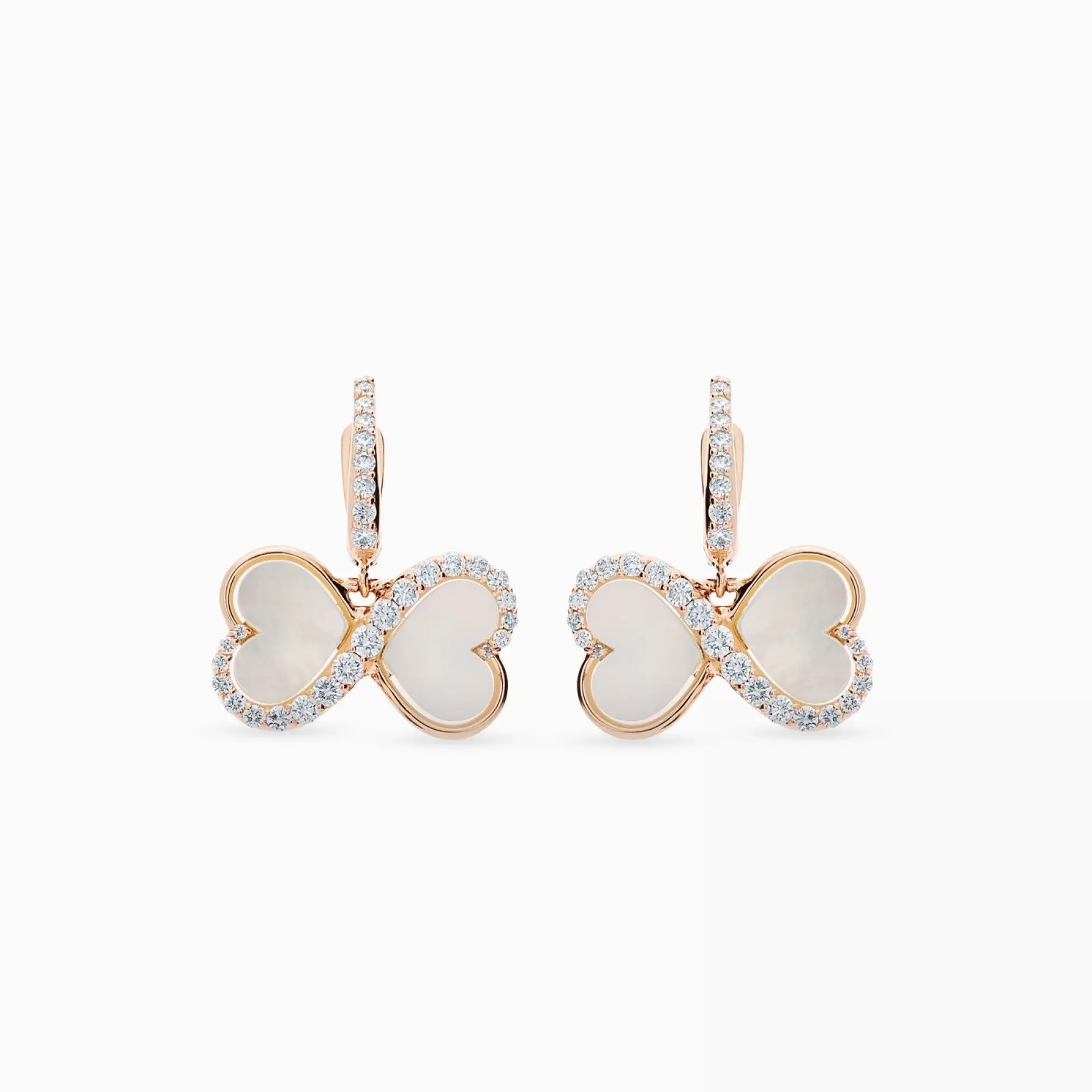 Pendientes con símbolo infinito de oro rosa con nácar talla corazón y diamantes