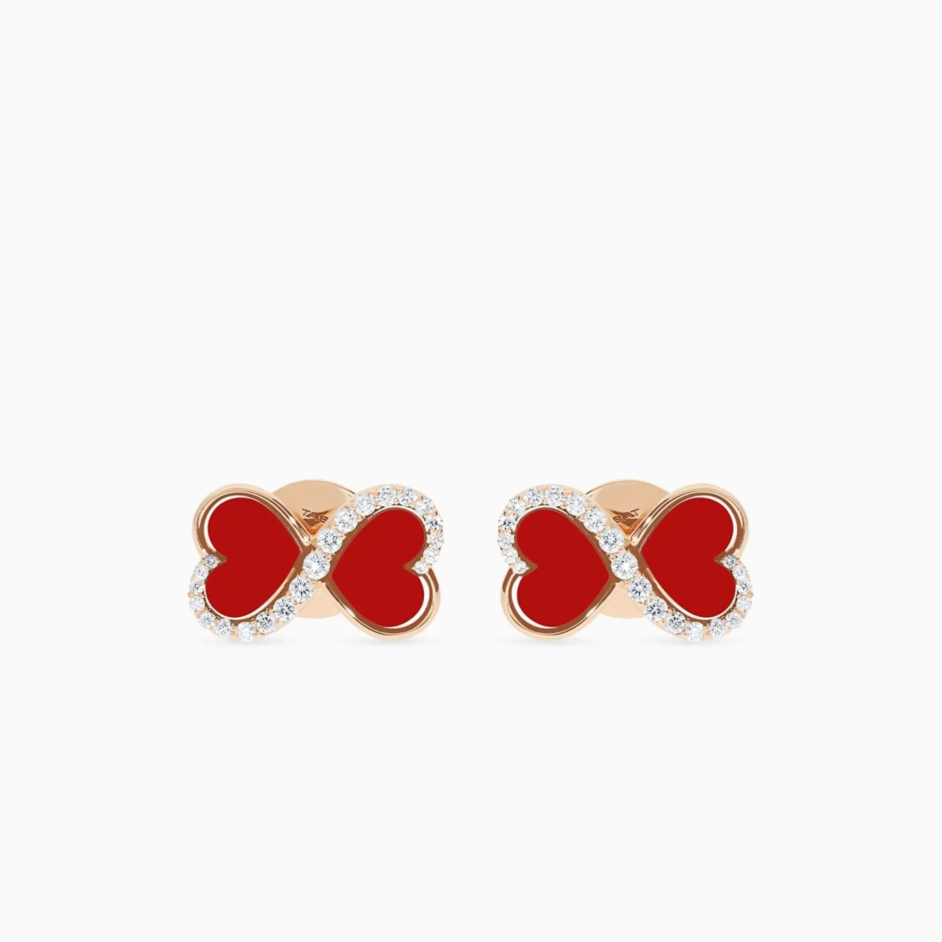 Pendientes con símbolo infinito de botón de oro rosa con coral talla corazón y diamantes