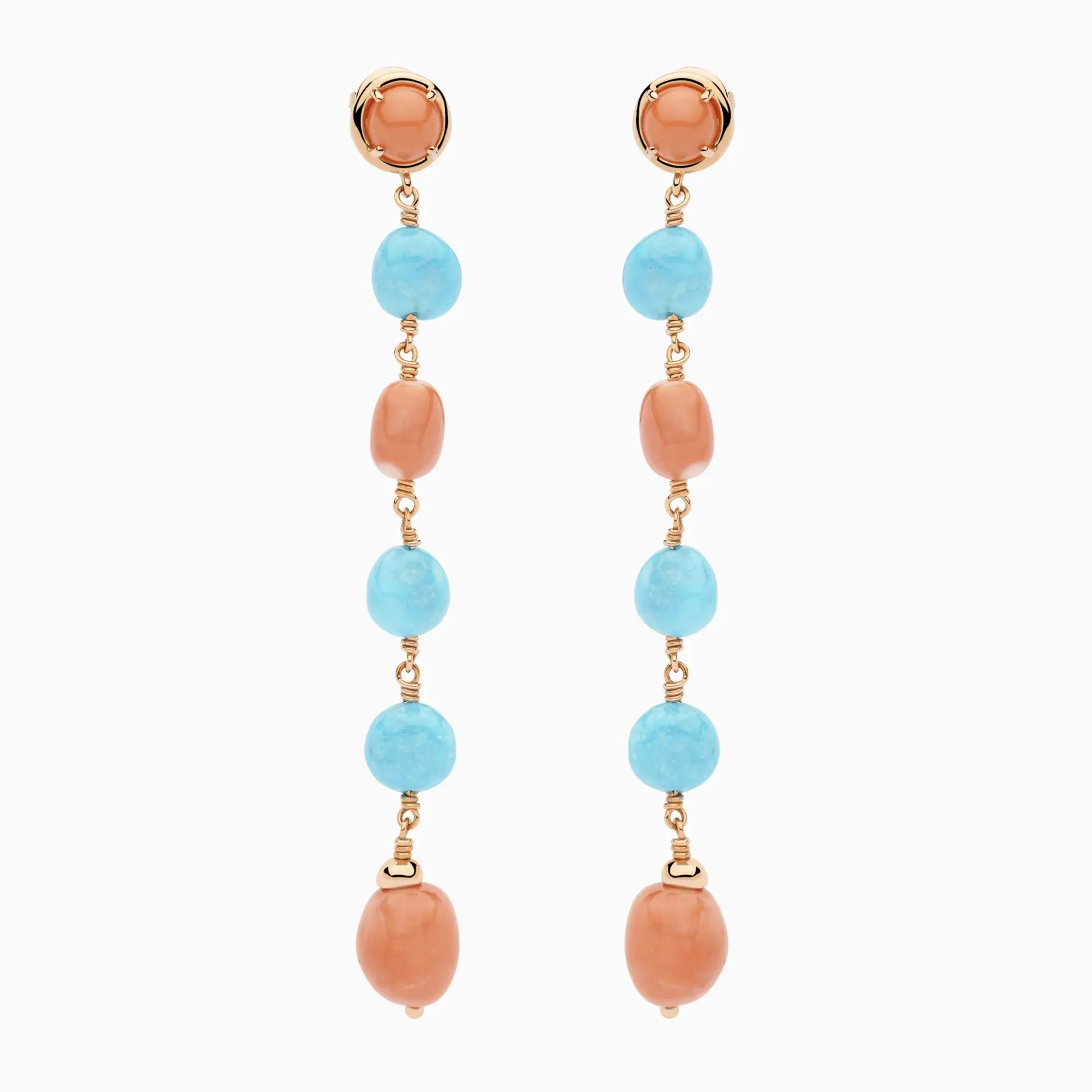 Pendientes de oro rosa con gemas corales y turquesas