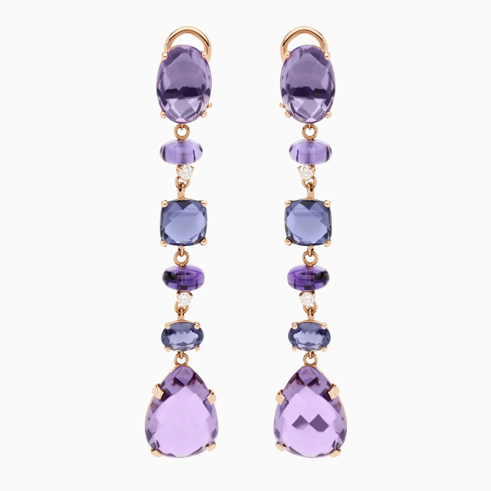 Pendientes de oro rosa con gemas amatista, iolita y calcedonia