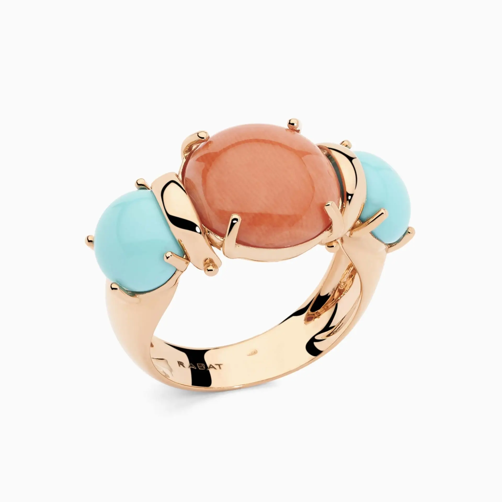 Anillo de oro rosa con gema central coral y turquesas laterales de RABAT 70's