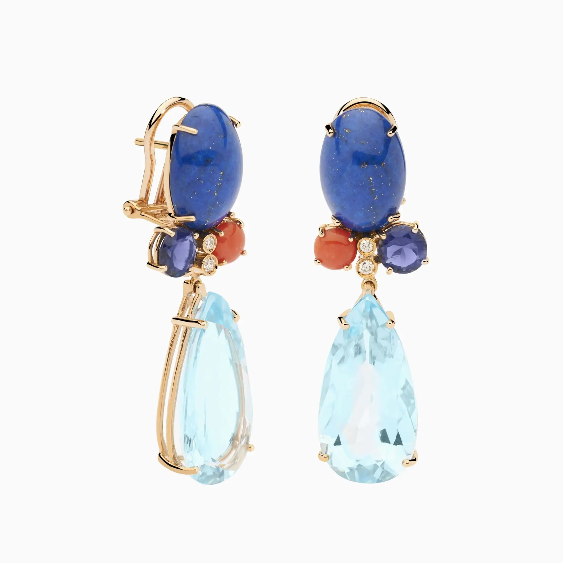 Pendientes de oro rosa con gemas coral, lapislázuli, topacio azul y diamantes de RABAT 70's