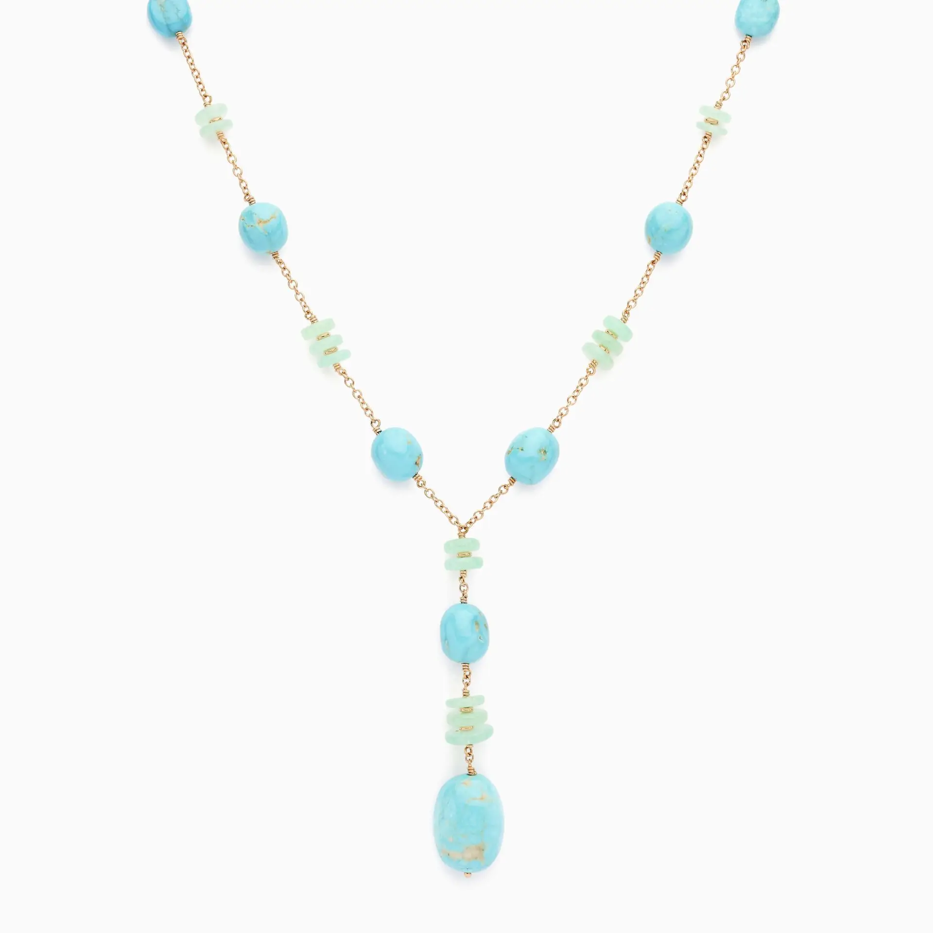 Collar de oro rosa con gemas turquesas y calcedonias