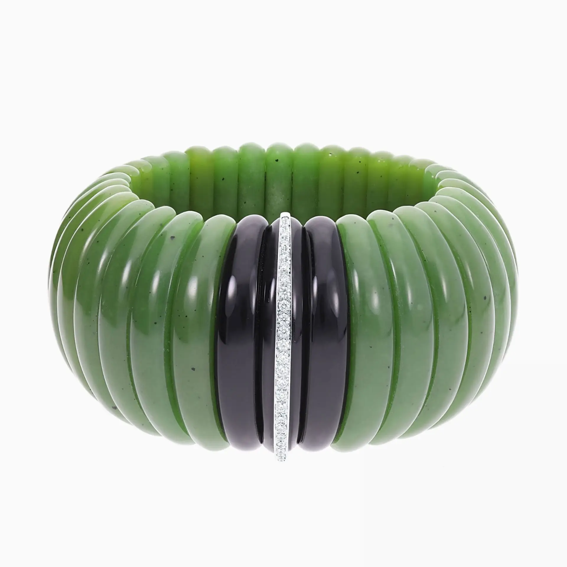 Pulsera de oro blanco con gemas jade verde, obsidiana negra y diamantes