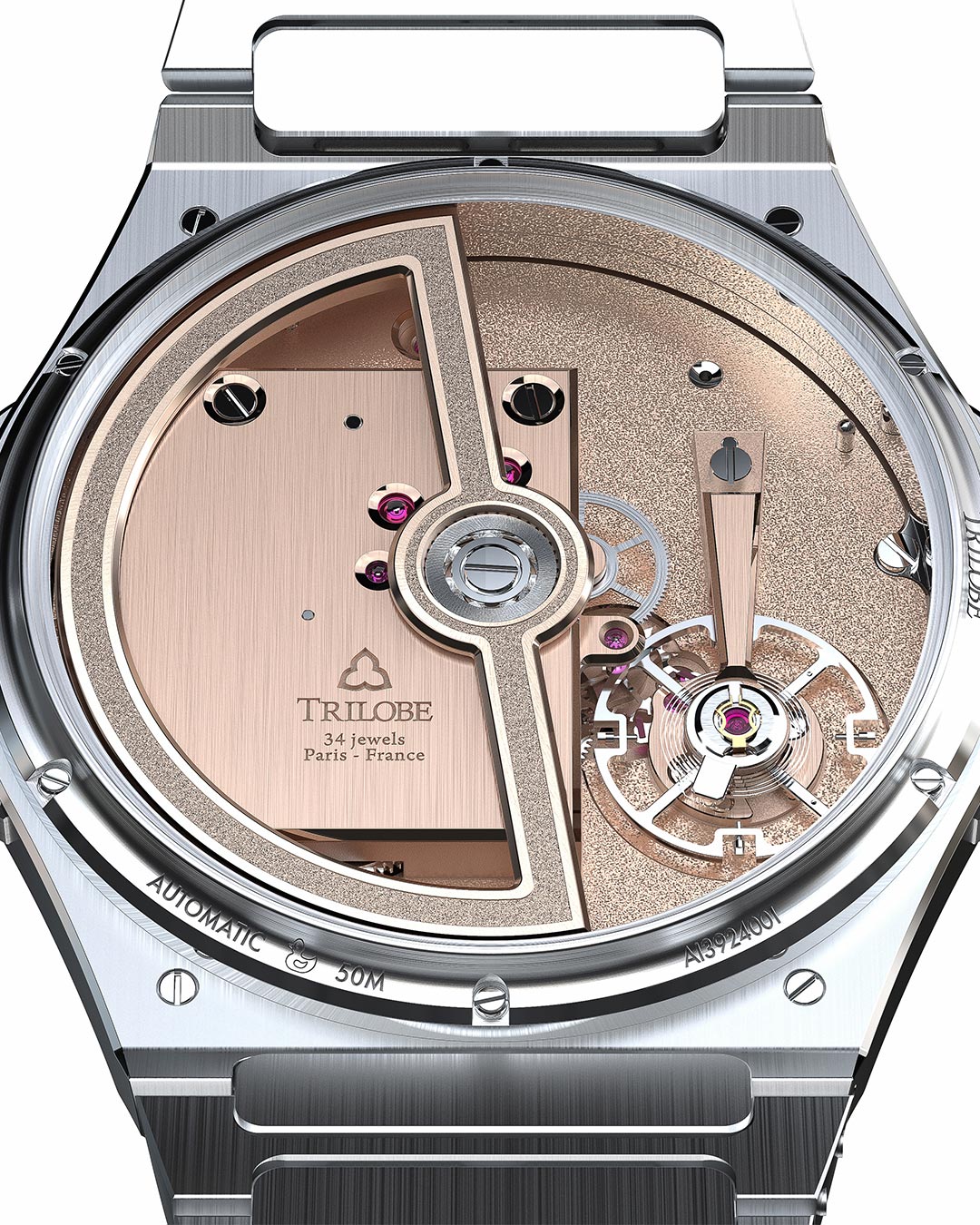 Nuevo calibre X-Nihilo manufactura Trilobe. Maquinaria reloj parte trasera en fondo blanco.