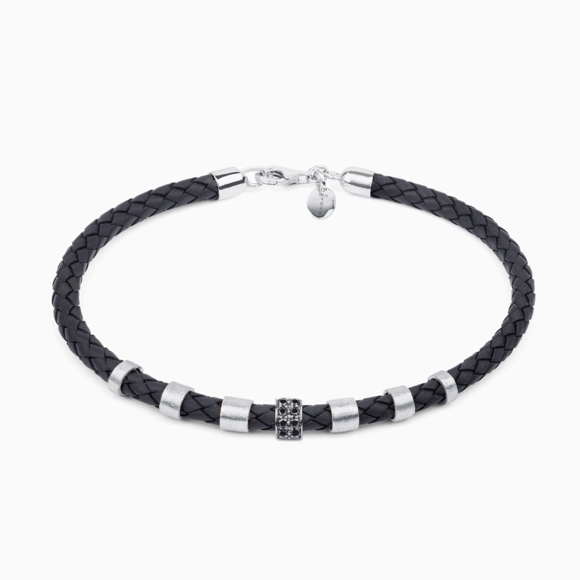 Pulsera de caucho trenzado para hombre con detalles de oro blanco y diamantes negros
