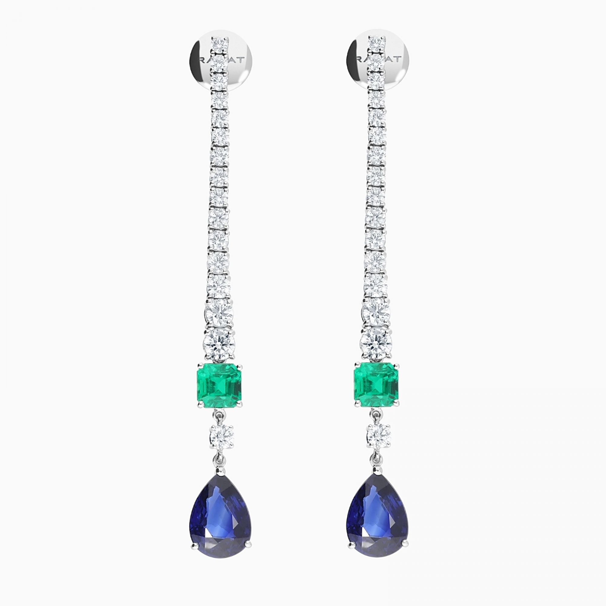 Pendientes rivière largos de oro blanco con zafiros, esmeraldas y diamantes