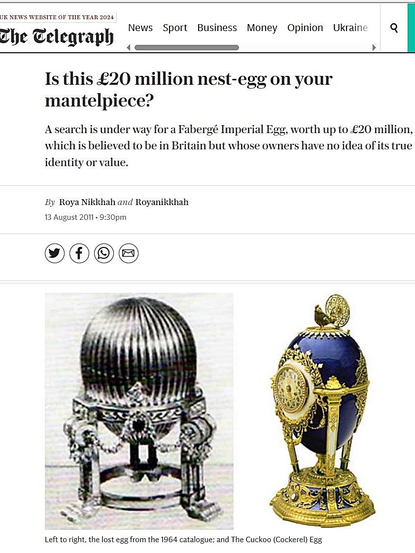 Articulo del Daily Telegraph titulado “¿Podrías tener este tesoro de 20 millones de libras en la repisa de tu chimenea?” se publicó el 13 de agosto de ese mismo año 2011