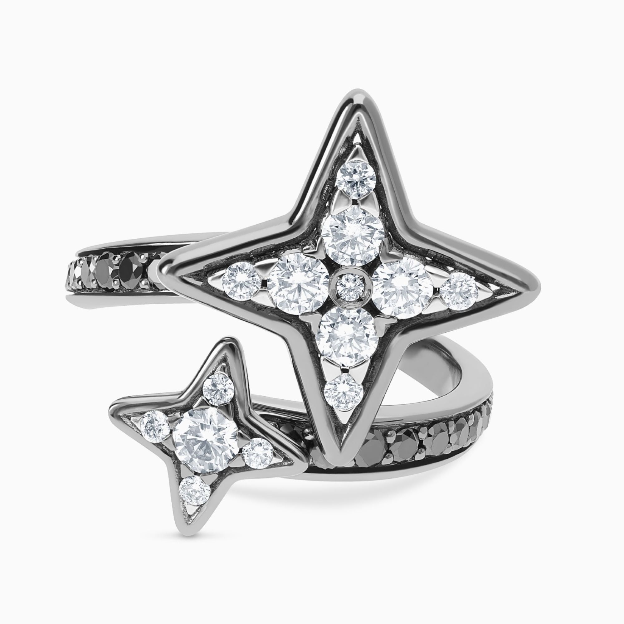 Anillo estrellas de oro con rodio negro con diamantes blancos y brazo de diamantes negros