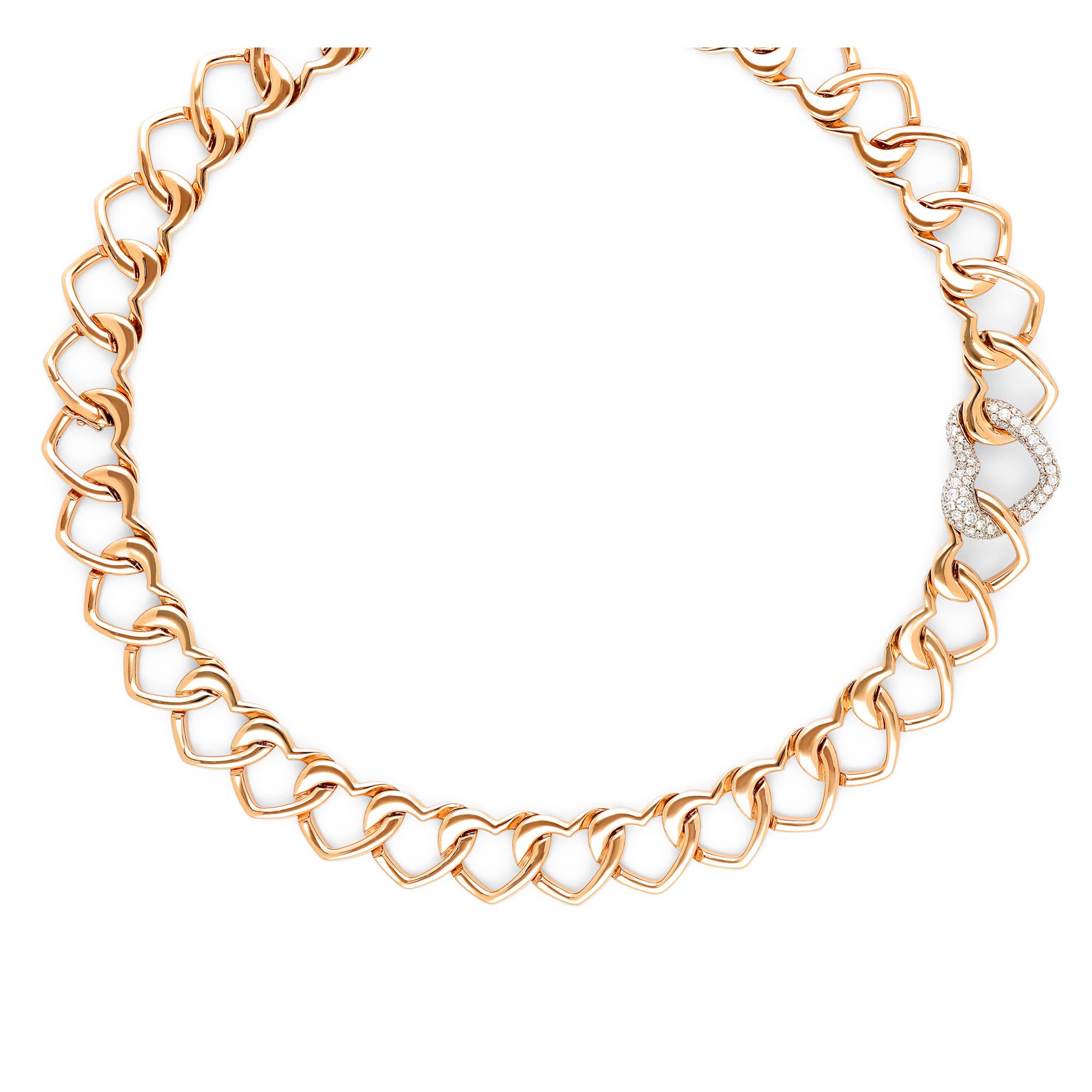 Collar cadena de oro rosa con eslabones de corazón y eslabón de pavé de diamantes