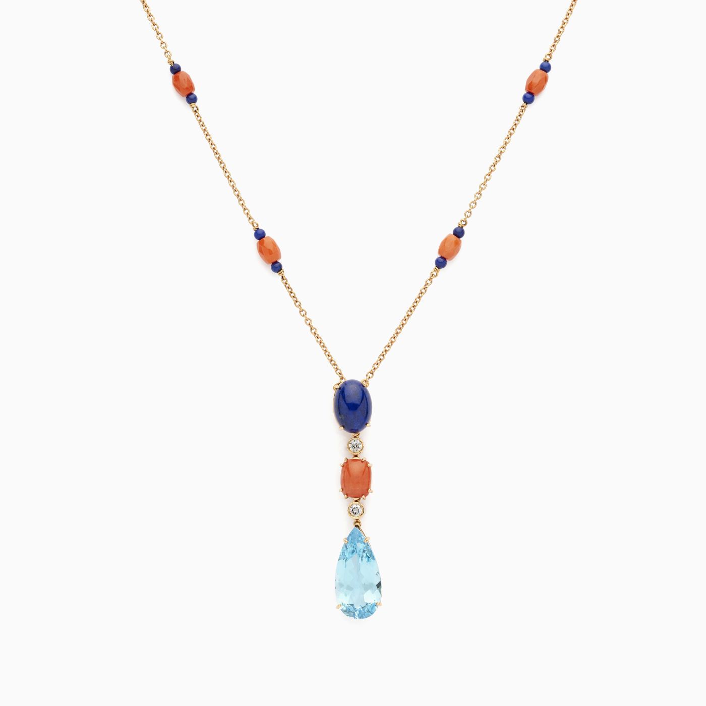 Collar de oro rosa con gemas coral, lapislázuli, topacio azul y diamantes
