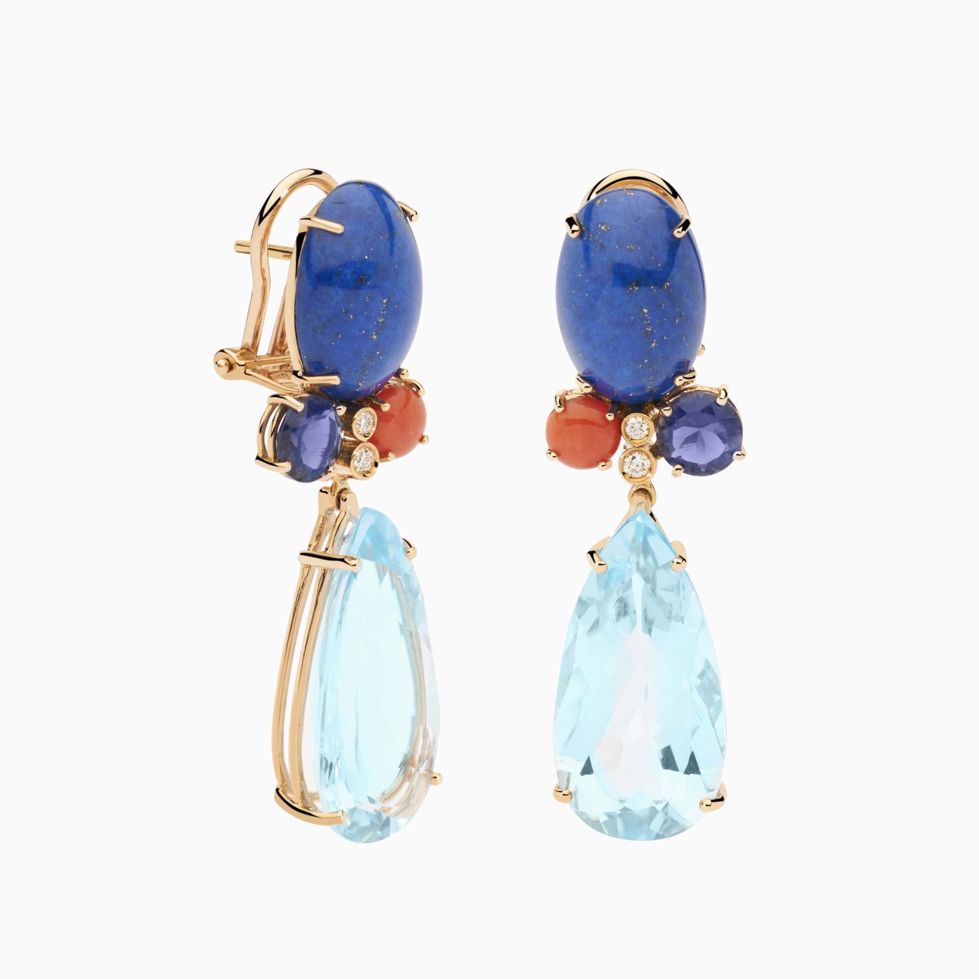 Pendientes de oro rosa con gemas coral, lapislázuli, topacio azul y diamantes