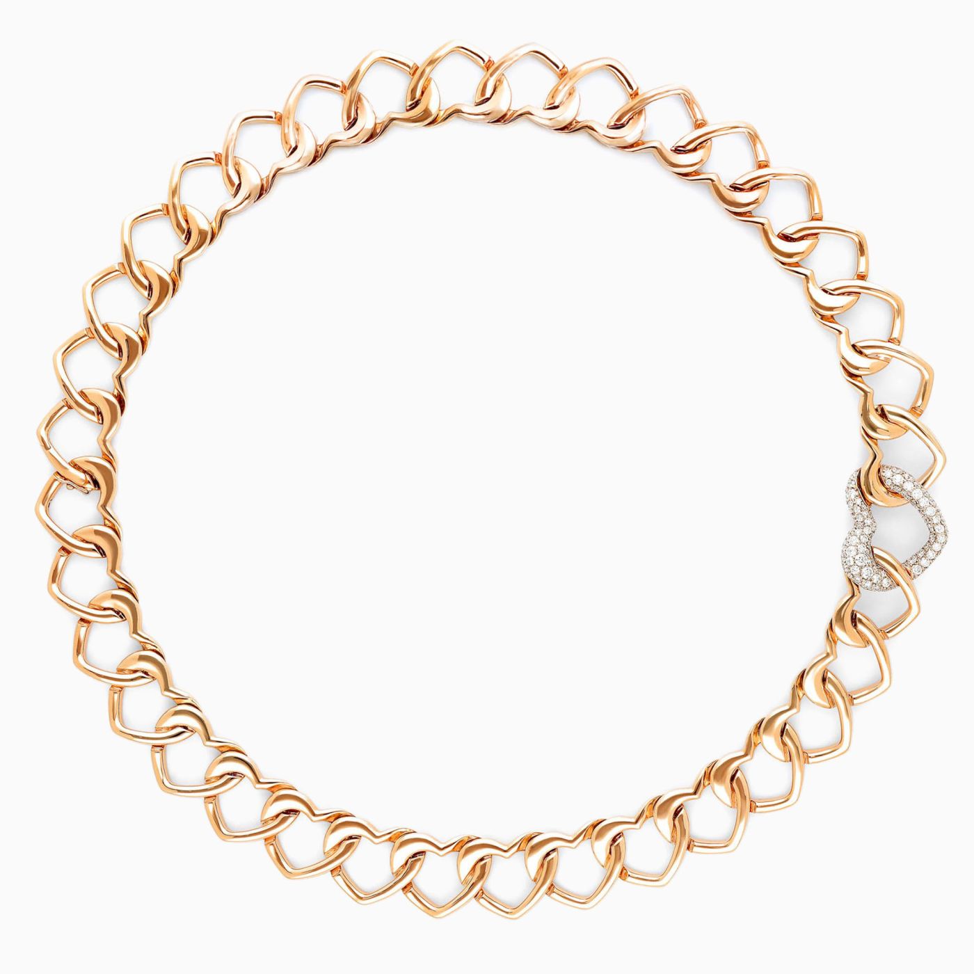 Collar cadena de oro rosa con eslabones de corazón y eslabón de pavé de diamantes de corazón