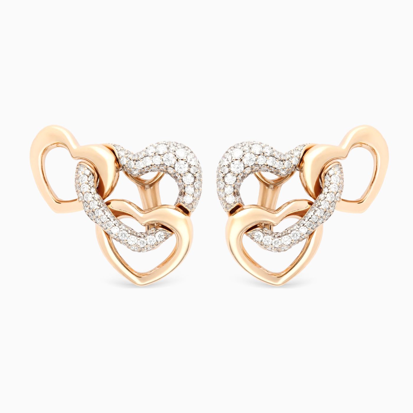 Pendientes de oro rosa con eslabones de corazón y dos eslabones de pavé de diamantes de corazón