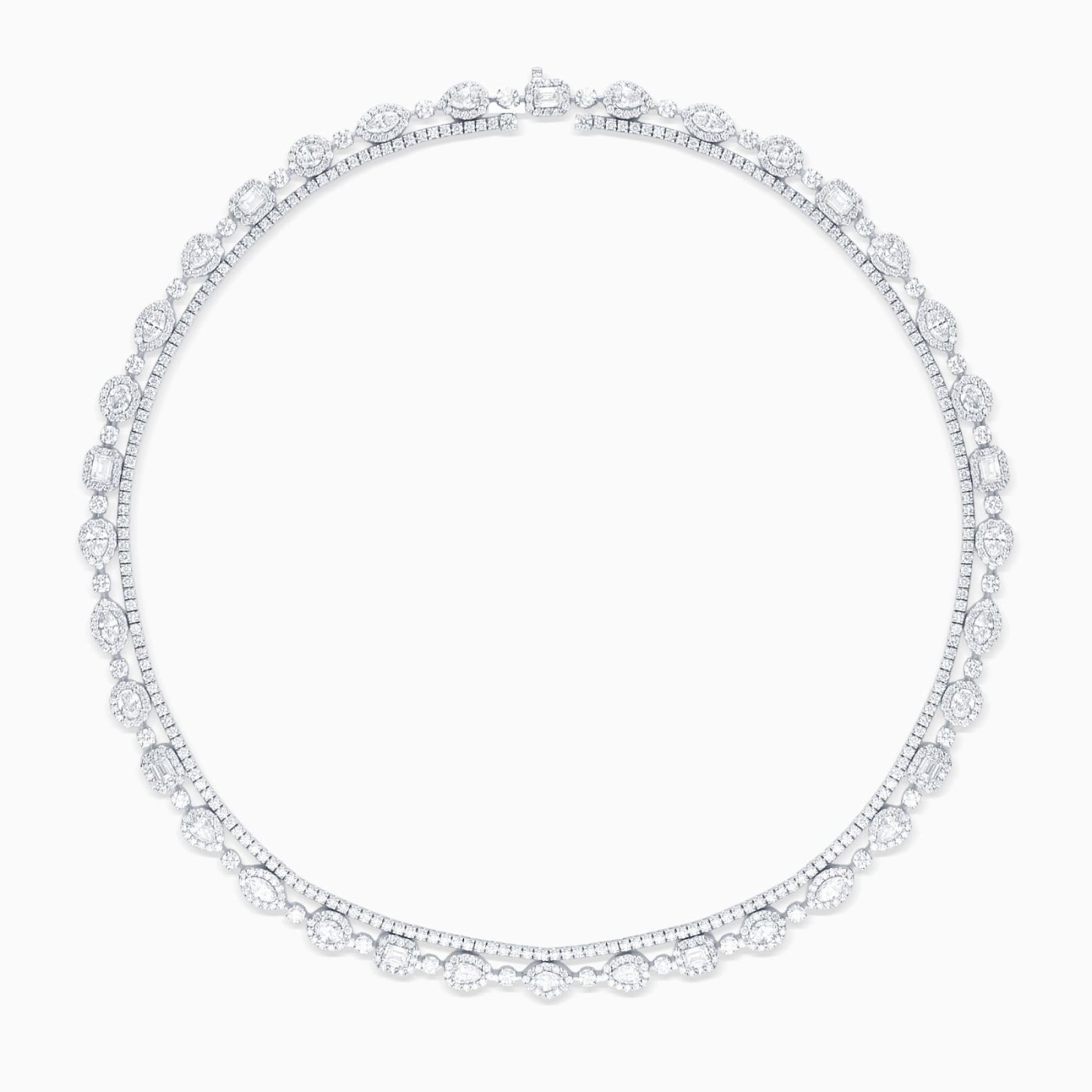 Collar rivière de dos filas de oro blanco con diamantes multiformas
