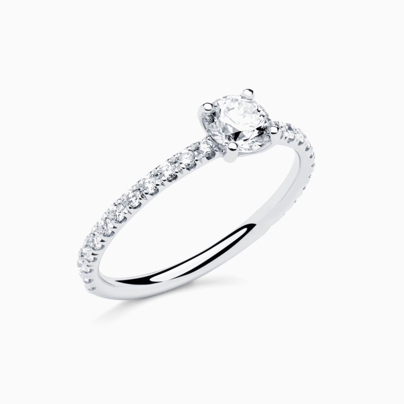 Anillo solitario de compromiso con diamante central y brazo de diamantes
