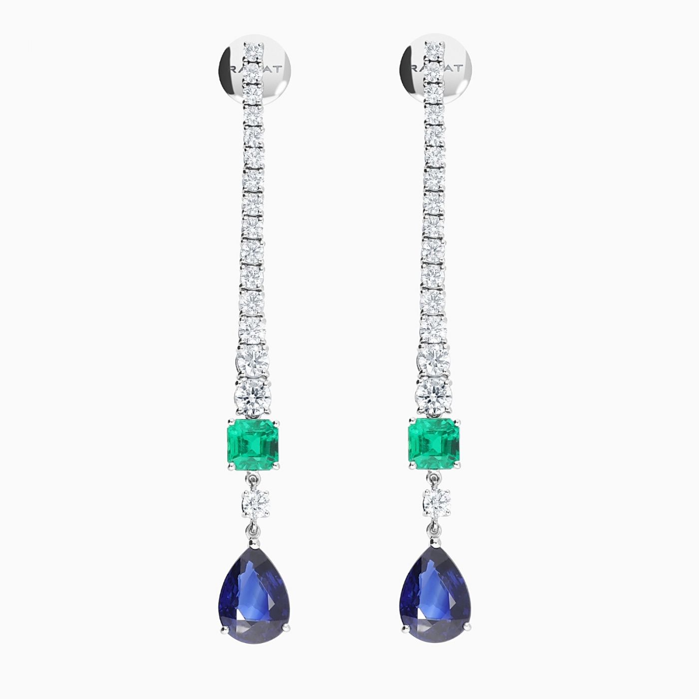 Pendientes rivière largos de oro blanco con zafiros, esmeraldas y diamantes