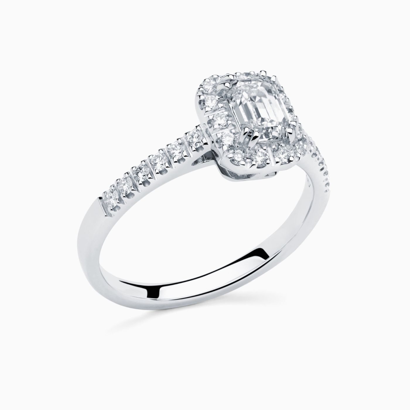 Anillo solitario de compromiso con diamante central talla esmeralda y orla de diamantes RABAT Poetic