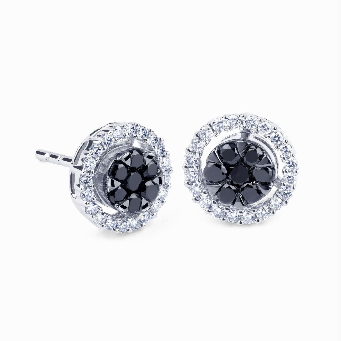Pendientes de oro blanco con circulo central de diamantes negros y orla de diamantes