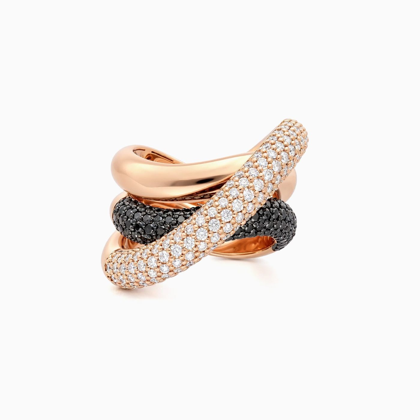 Anillo ondulado cruzado tres filas de oro rosa con pavé de diamantes blancos y negros
