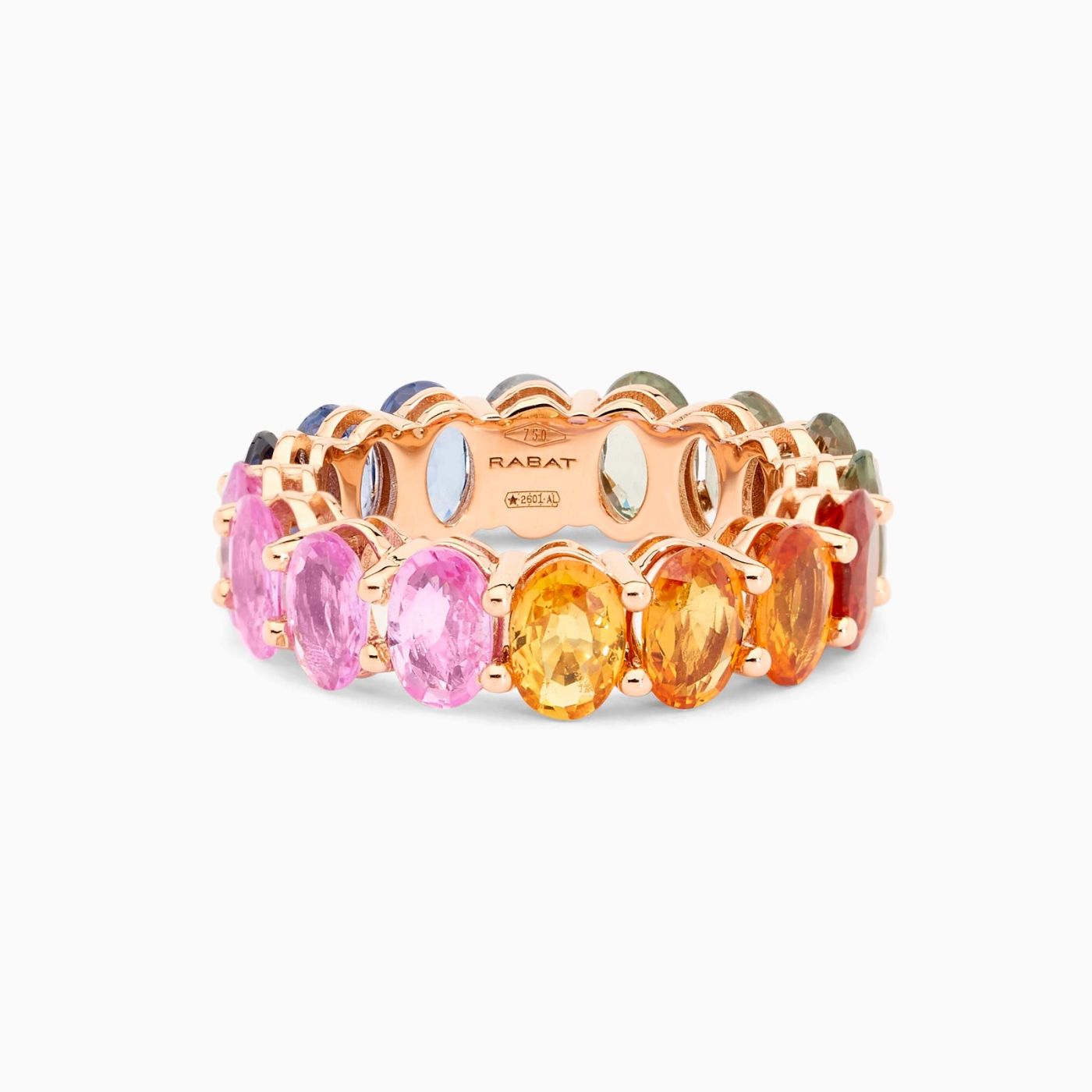 Rose gold band ring with oval-cut multicoloured sapphires in pink gold 