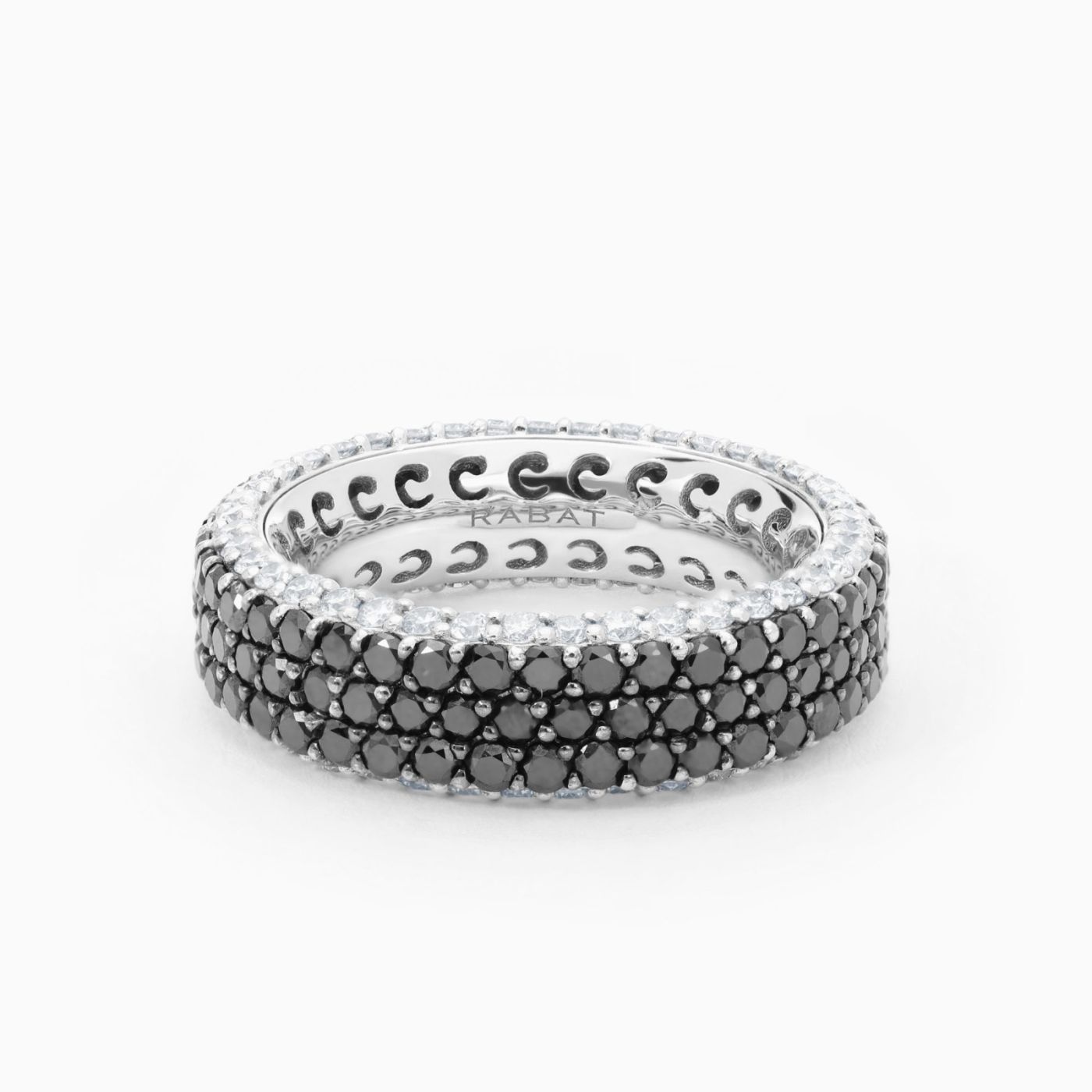 White gold ring with black diamonds pavé and white diamonds