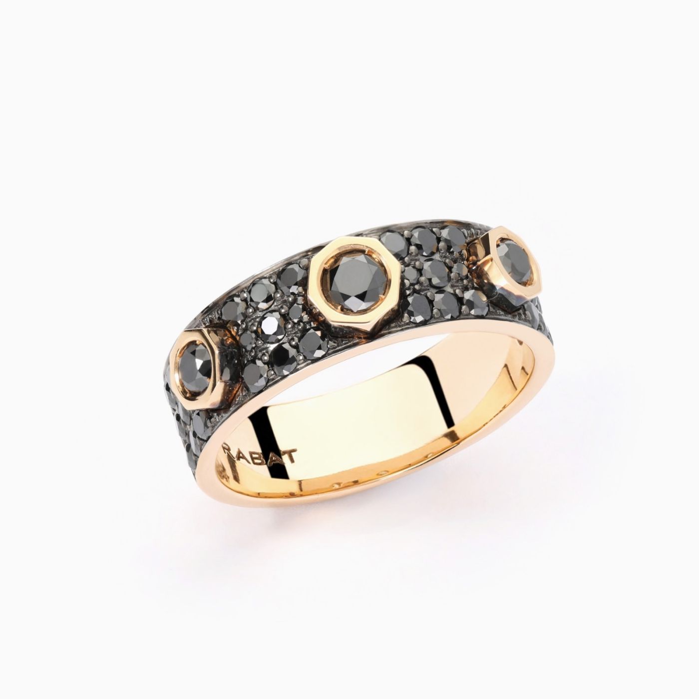 Rose gold ring with three central black diamonds and black pavé diamonds 