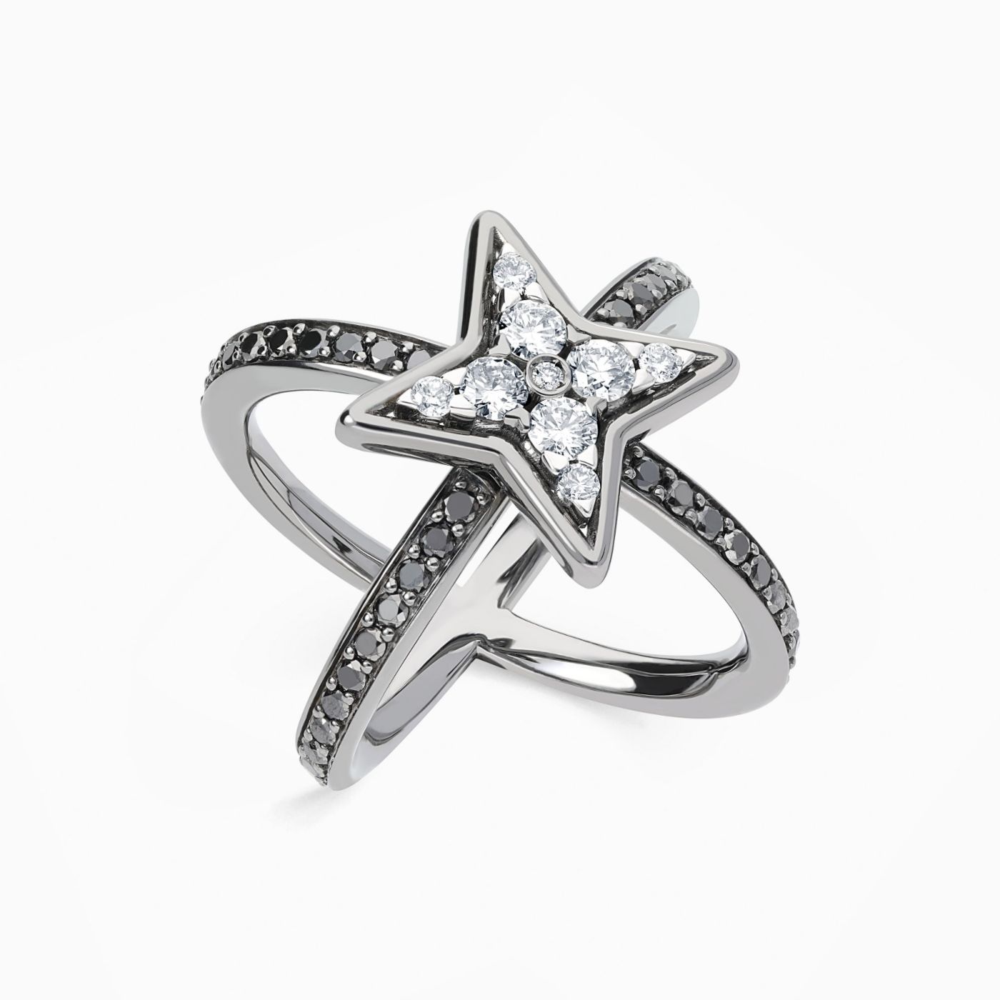 Anillo estrella cruzado de oro con rodio negro con diamantes blancos y brazo de diamantes negros