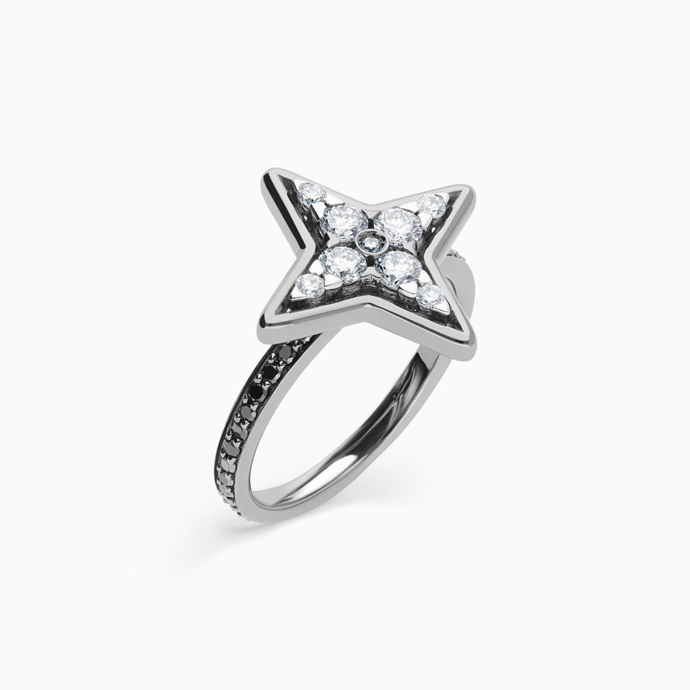 Anillo estrella de oro con rodio negro con diamantes blancos y brazo de diamantes negros