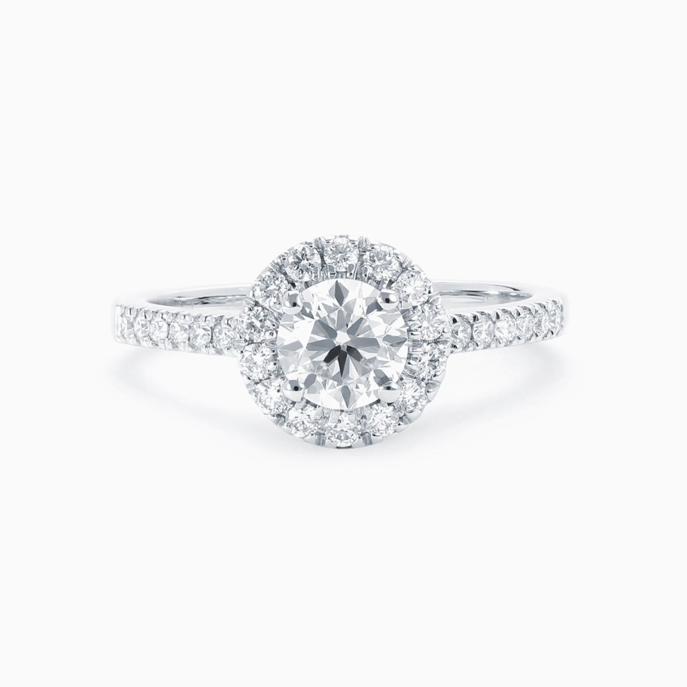 Anillo solitario de compromiso de oro blanco con diamante central y orla y brazo de diamantes RABAT Poetic