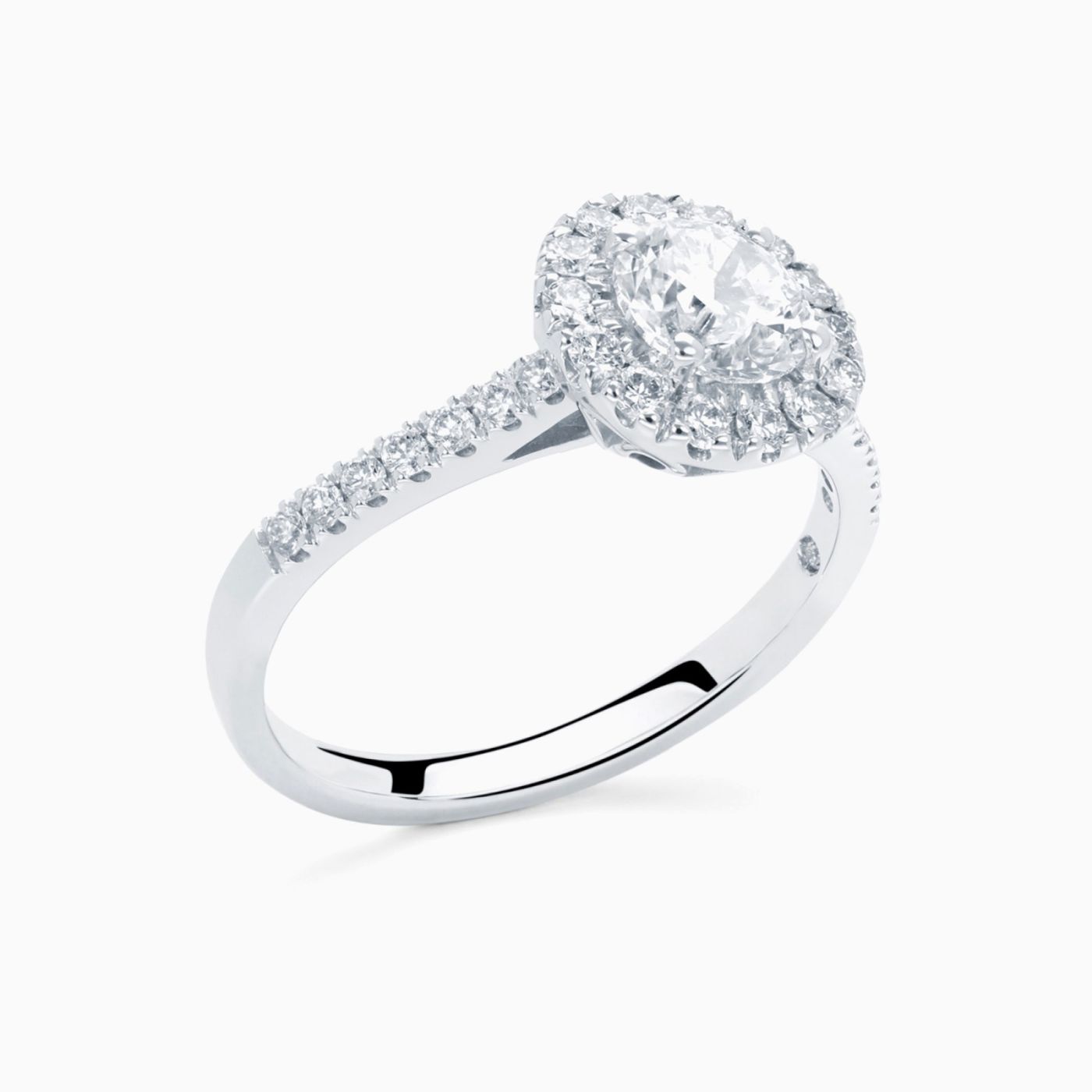 White gold solitaire engagement ring with central diamond and diamond halo and band RABAT Poetic