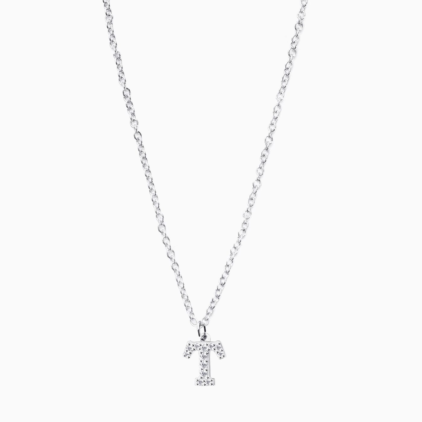 Colgante con charm letra T de oro blanco con diamantes
