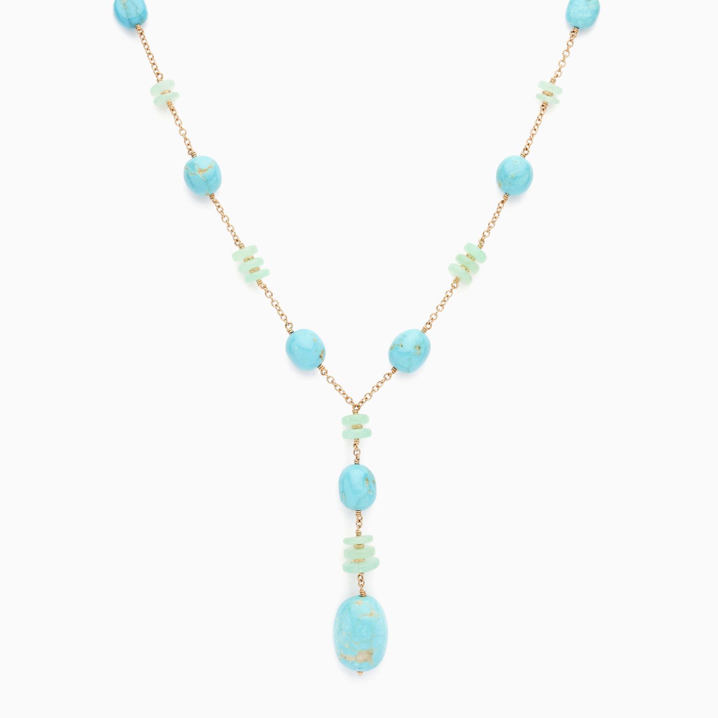 Rose gold necklace with turquoise gems and chalcedonias