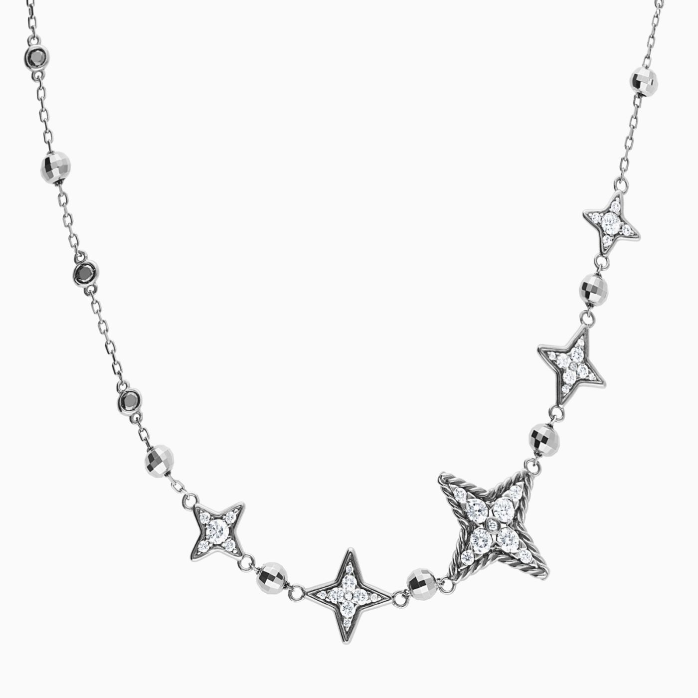 Collar estrellas de oro con rodio negro con diamantes blancos y chatón de diamantes negros
