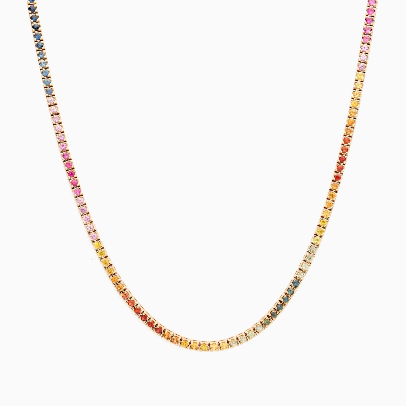 Rose gold riviere necklace with multicoloured sapphires