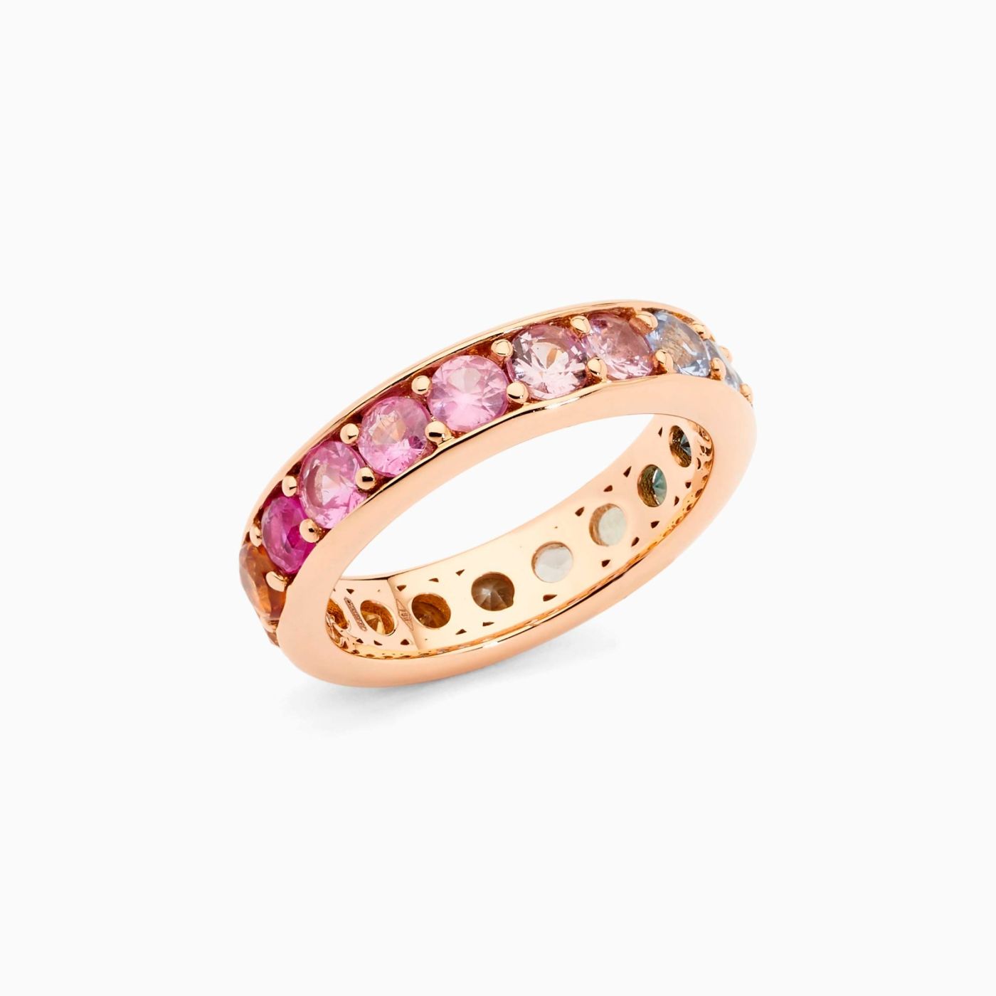 Rose gold rails wedding band ring with brilliant cut multicoloured sapphires