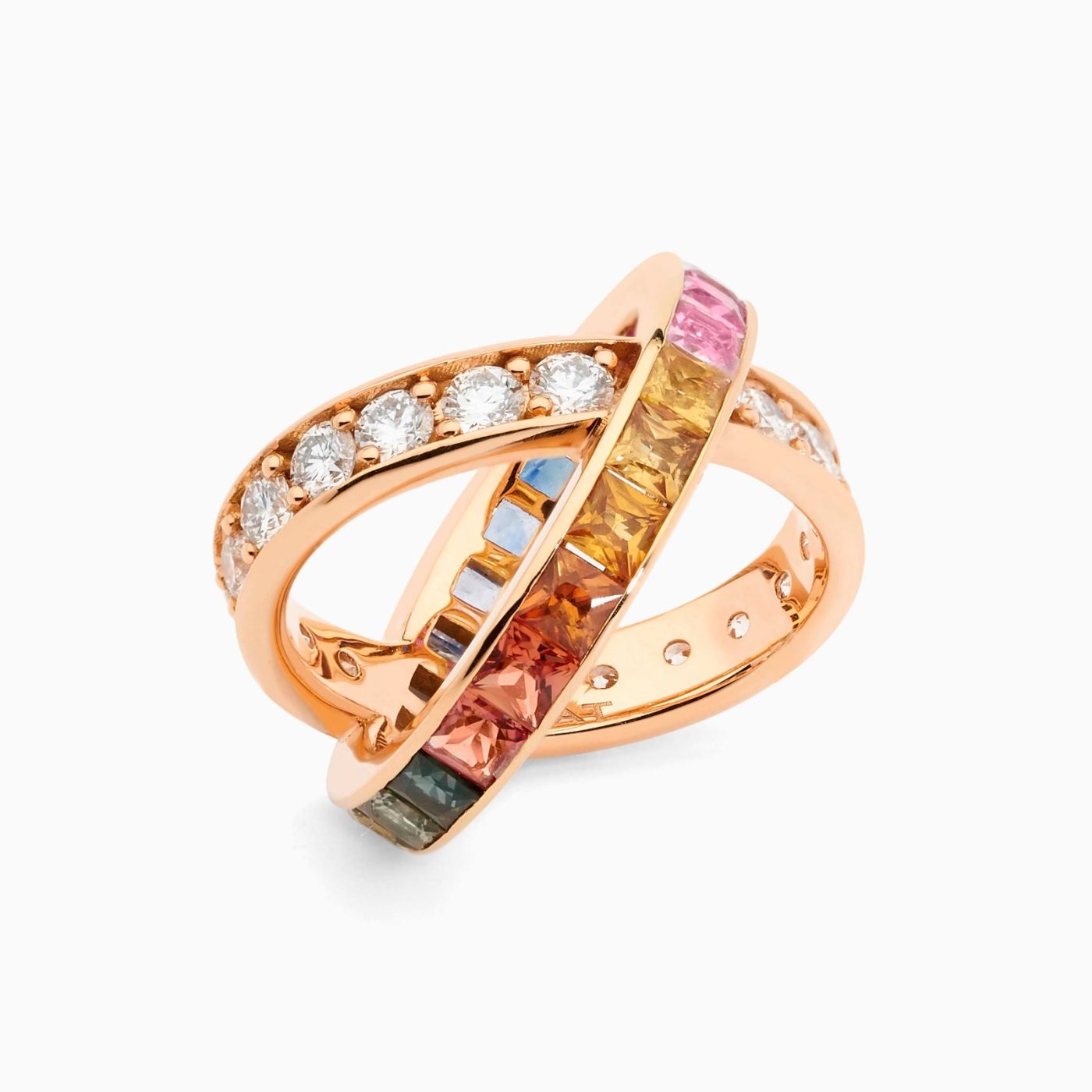Rose gold crossover ring with diamonds and multicoloured sapphires