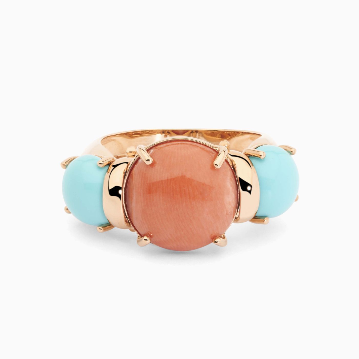 Rose Gold with a coral gem in the center and turquoise on the side ring